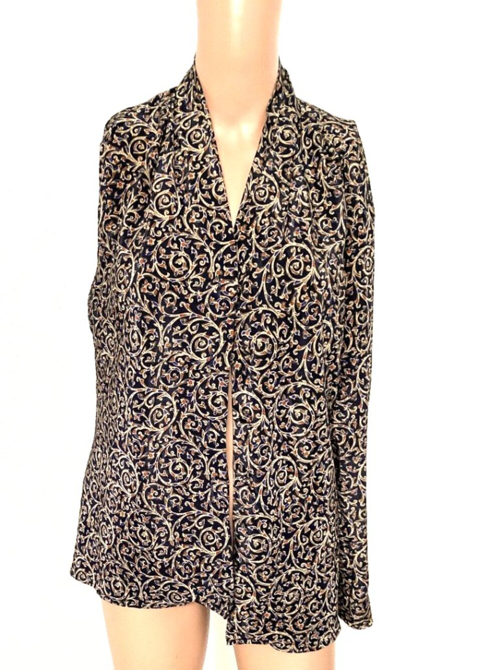JH Collectibles Women's Petite 12P Navy Paisley Asymmetrical Button Up Shirt